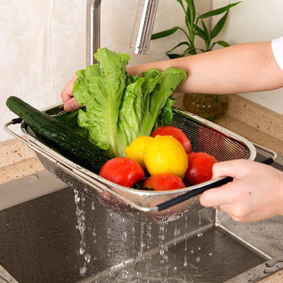Over the Sink Stainless Steel Colander with Expandable Anti-slip Rubber Grip Handles