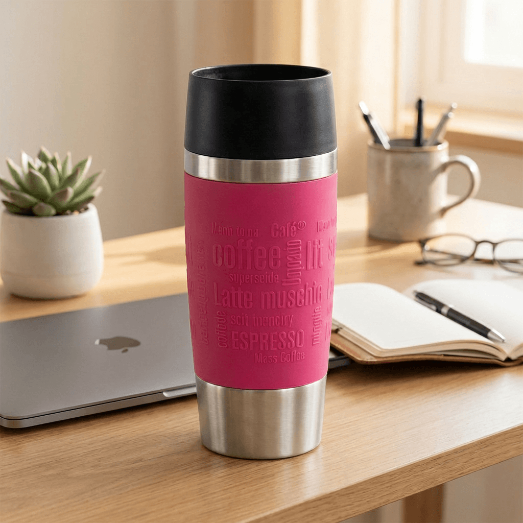 Emsa Stainless Steel Vacuum Mug  –Removable Pink Silicone