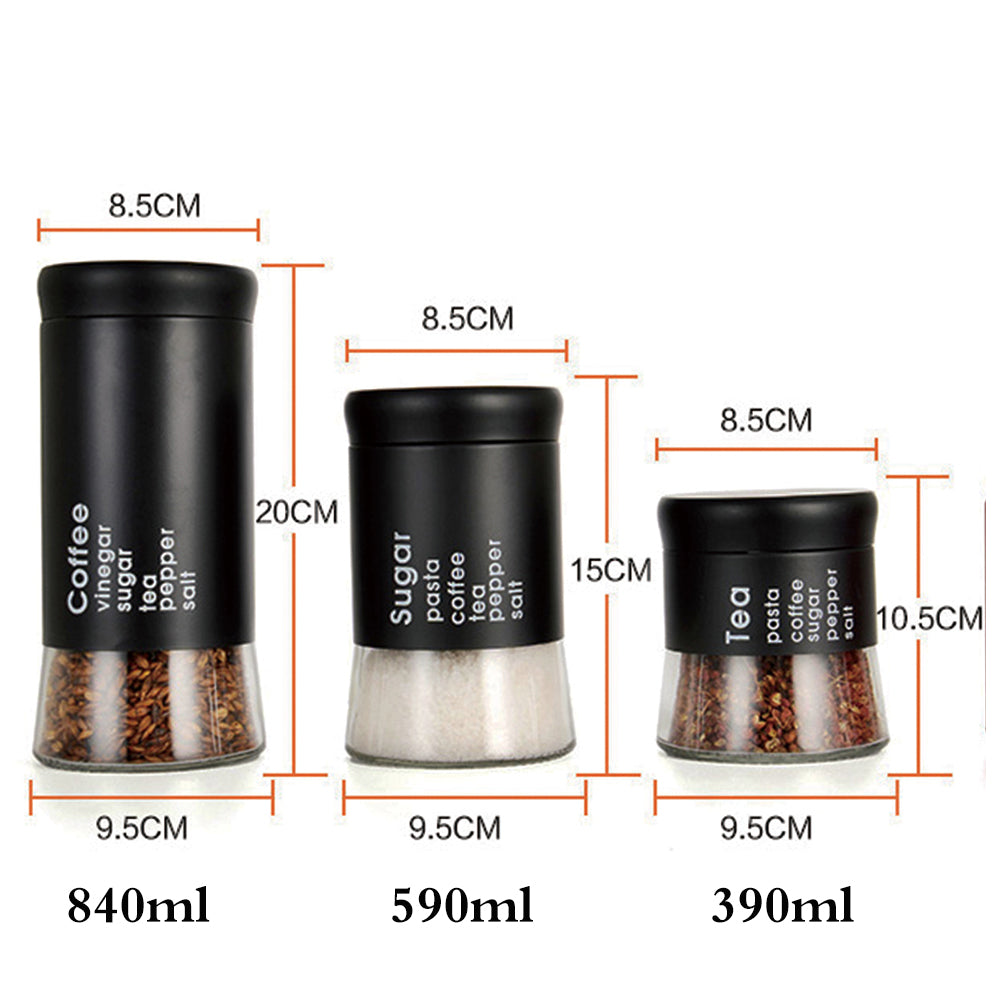 3-Pcs Stainless Steel With Glass Sugar Tea Coffee Canister Set Matte Black-390/590/840ml