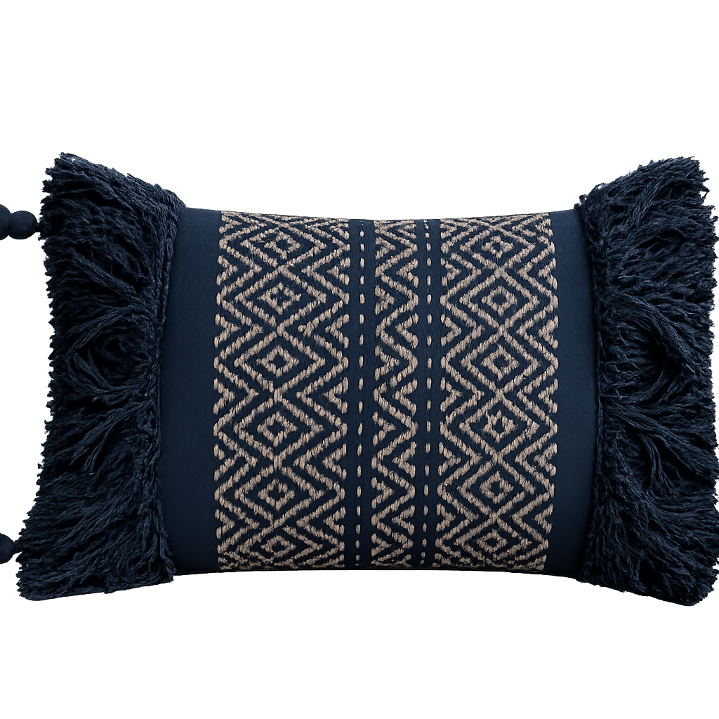 Pandora Metallic Woven Boudoir Cushion with Tassles in Navy