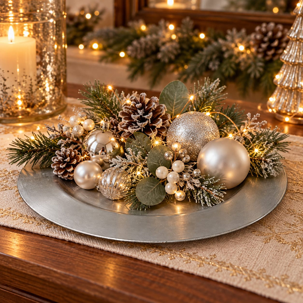 Lavender Boudoire Decorative Christmas Charger Plate – 33 cm – Silver, Lavender Grey & Blue Grey