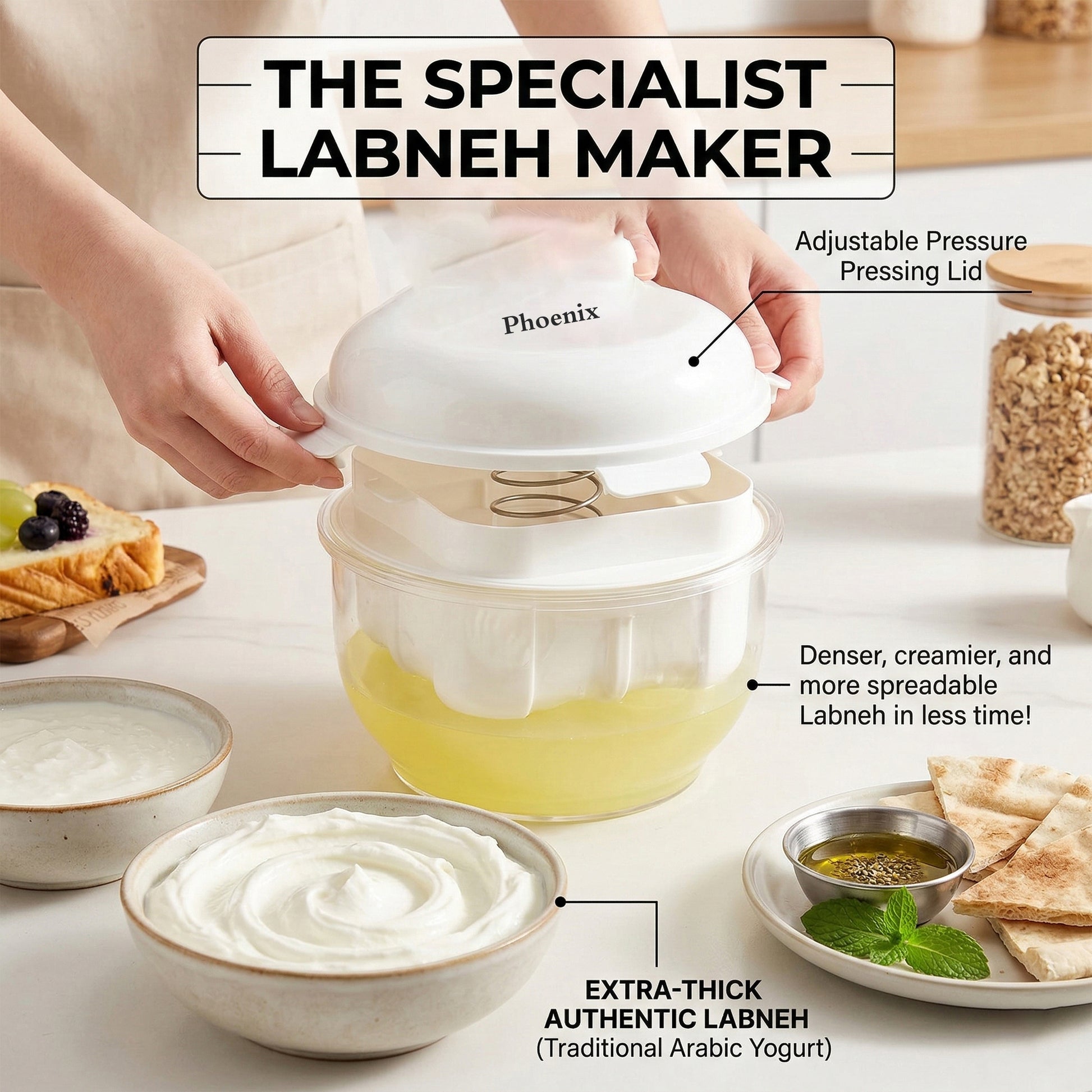 Phoenix Labneh & Greek Yogurt Maker with Fine Mesh Bag and Lid