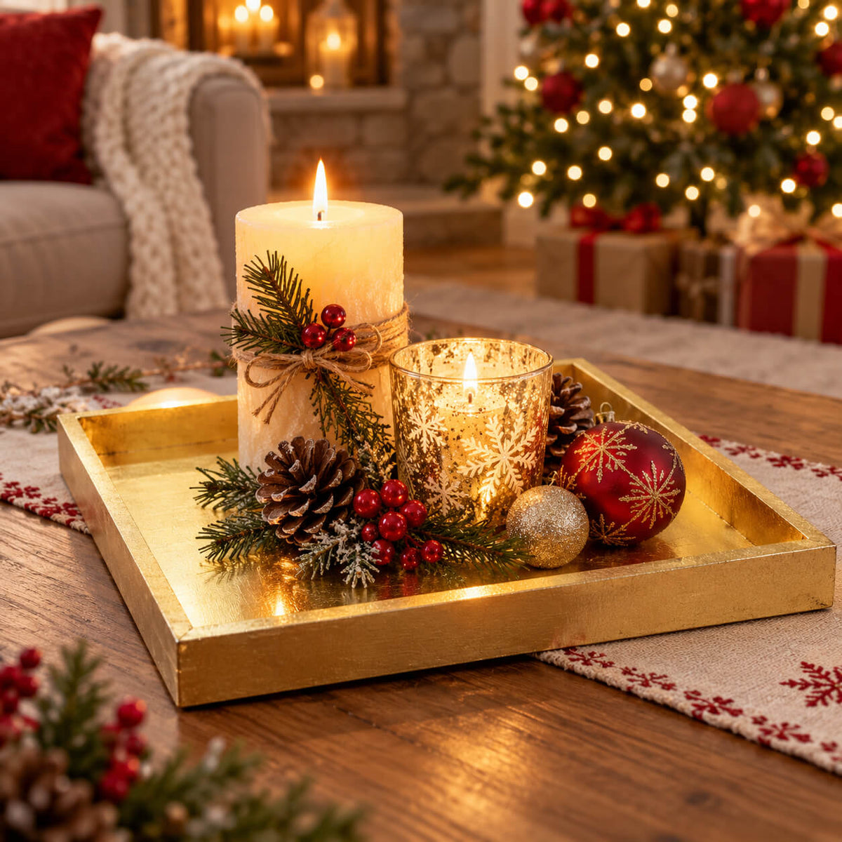 Reversible Christmas Display Tray – Farm Fresh Christmas Trees – 30 × 30 cm – Gold & Silver