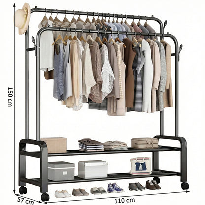 2-in-1 Modern Wheeled Garment Rack with Ample Hanging Space, Shoe Storage Sturdy Hold 60KG (H110 x D57 x W150)cm