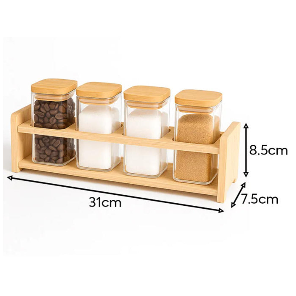 4-Glass Seasoning Jar with Bamboo Stand Holder Set HF-04 (L31 x W7.5 x H8.5)cm