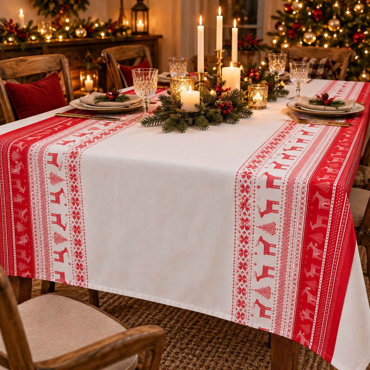Migros Cucina & Tavola Christmas Tablecloth Roll – Red & White Reindeer – 1.18 × 8 m
