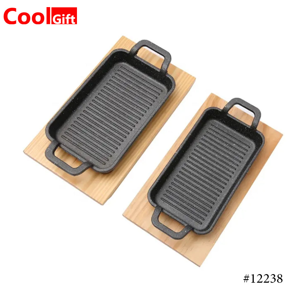 Cast Iron Mini Rectangular Serving Dish Pans with Wooden Base