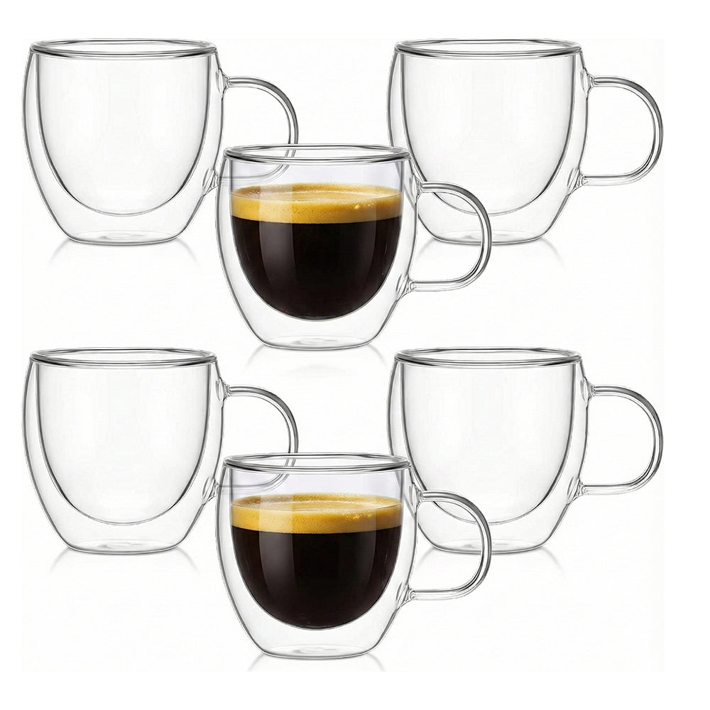 6-Pcs Double Wall Borosilicate Glass Espresso Cup Set with Handle 80ml