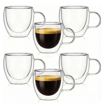 6-Pcs Double Wall Borosilicate Glass Espresso Cup Set with Handle 80ml