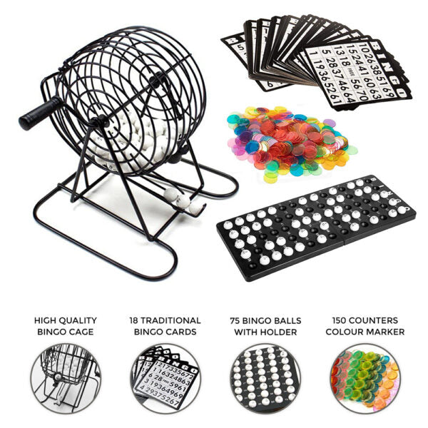 Traditional Bingo Ball Wire Cage Wheel Lotto Game Set & Card Marker Ticket Set