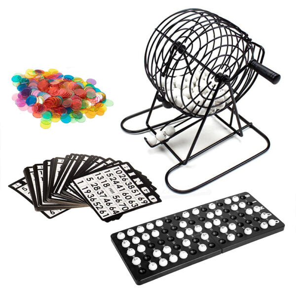 Traditional Bingo Ball Wire Cage Wheel Lotto Game Set & Card Marker Ticket Set