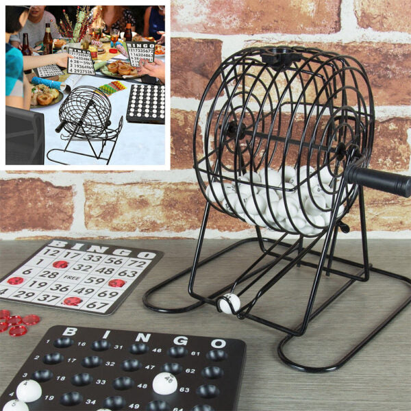 Traditional Bingo Ball Wire Cage Wheel Lotto Game Set & Card Marker Ticket Set