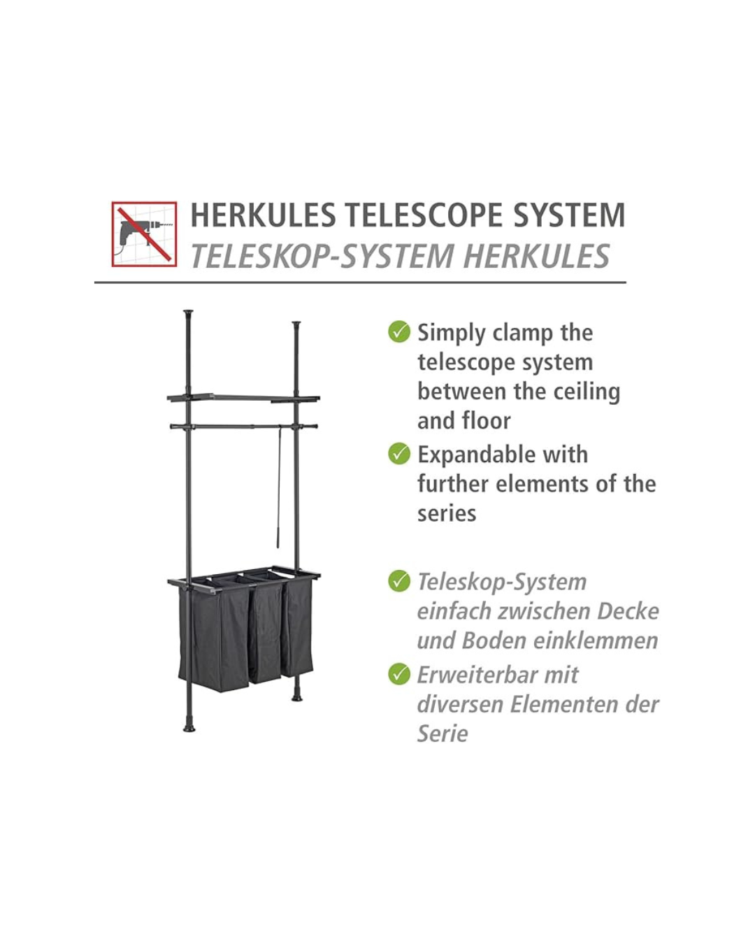 Wenko Hercules Telescopic Laundry Sorter System – Adjustable 3-Compartment Wardrobe Organizer