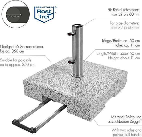 Doppler Active 70kg Granite Parasol Base – Mobile Weather-Resistant Stand with Stainless Steel Tube