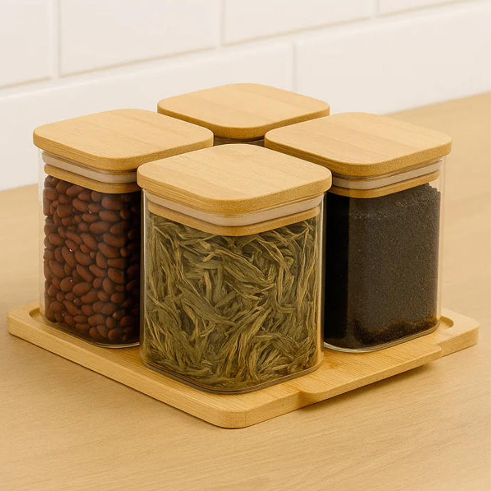 4-Pcs Glass Seasoning Jar with Bamboo Stand Holder Set HF-02 (L22 x W19.5 x H2.5)cm