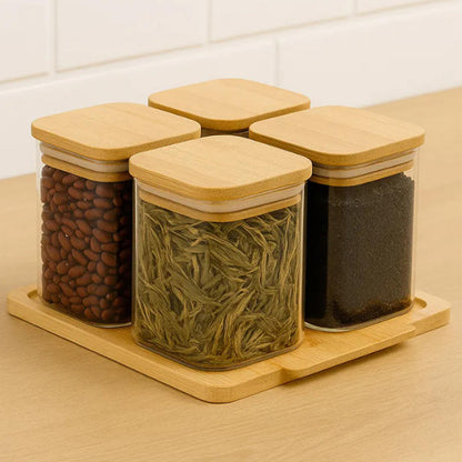 4-Pcs Glass Seasoning Jar with Bamboo Stand Holder Set HF-02 (L22 x W19.5 x H2.5)cm