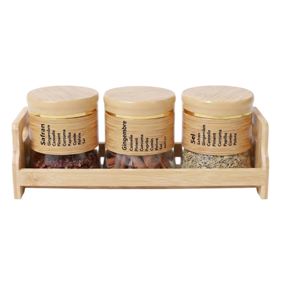 Bamboo Spice Rack Set with 3 Glass Jars Plastic Lid – 400 #CB-TWJ37