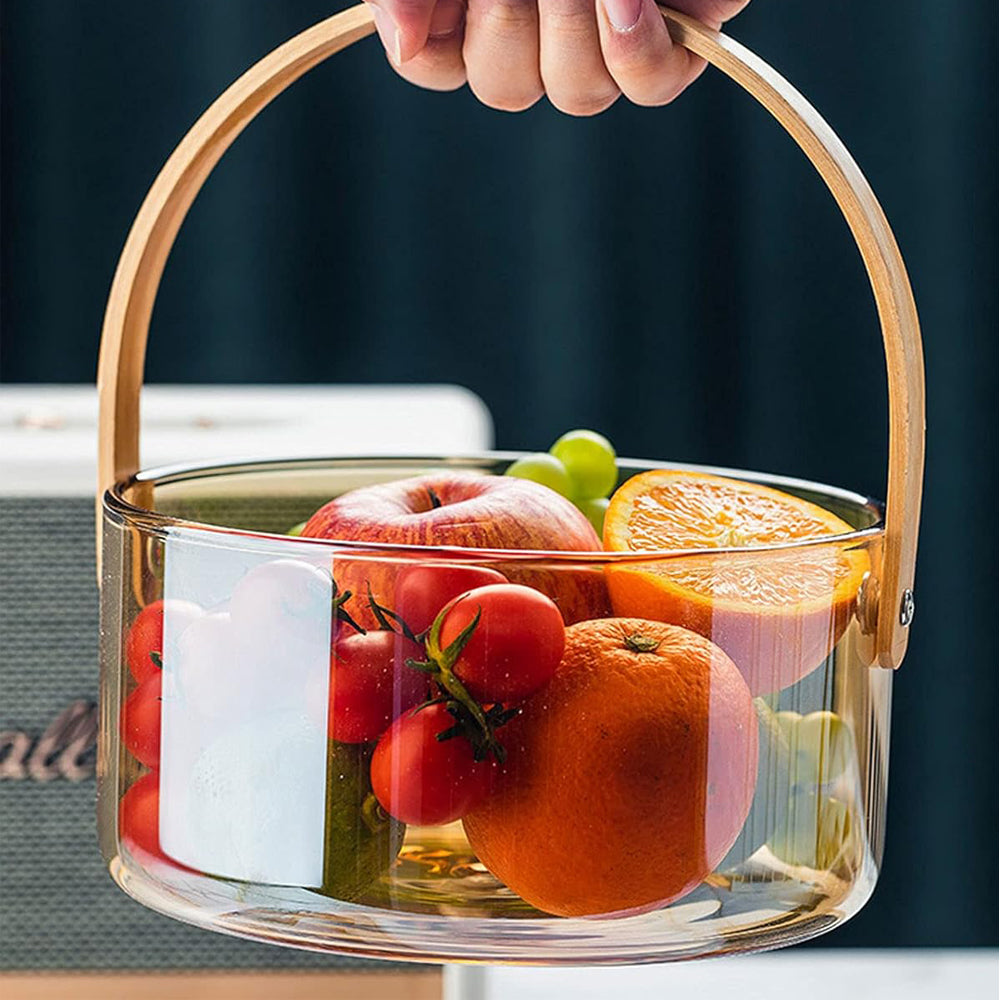 Snacks Glass Fruit Storage Basket with Wooden Handle-Amber Color