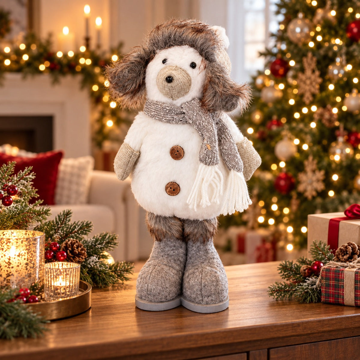 Winter Christmas Dog Decoration – White & Grey, 33 cm