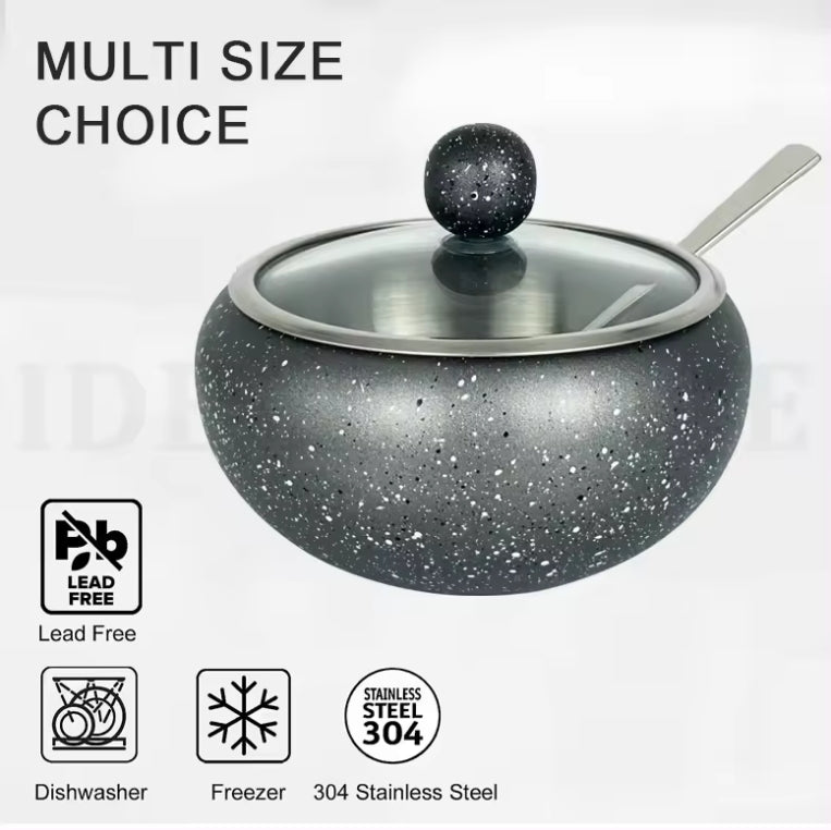 Granite Coating Stainless Steel Sugar Bowl with Clear Lid and Sugar Spoon