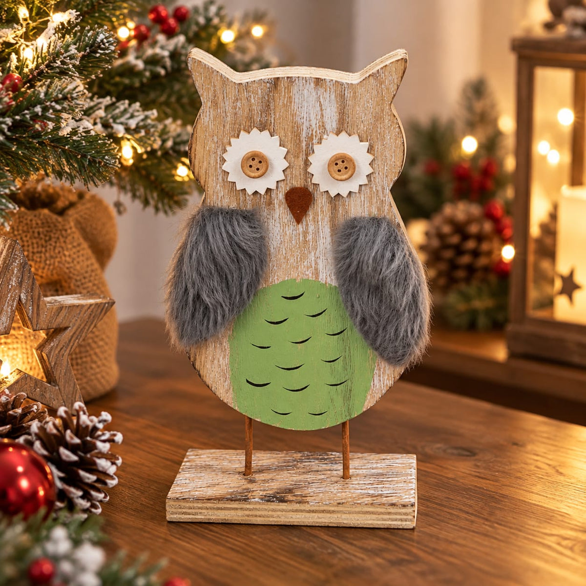 Wooden Owl Decorative Figurine with Faux Fur Wings – 25 cm