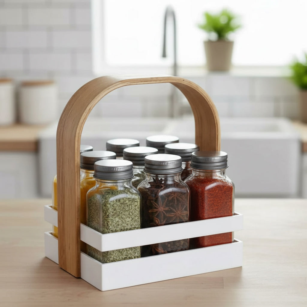 Danny Home 9-Spice Jars With Rack Holder Wooden Handle