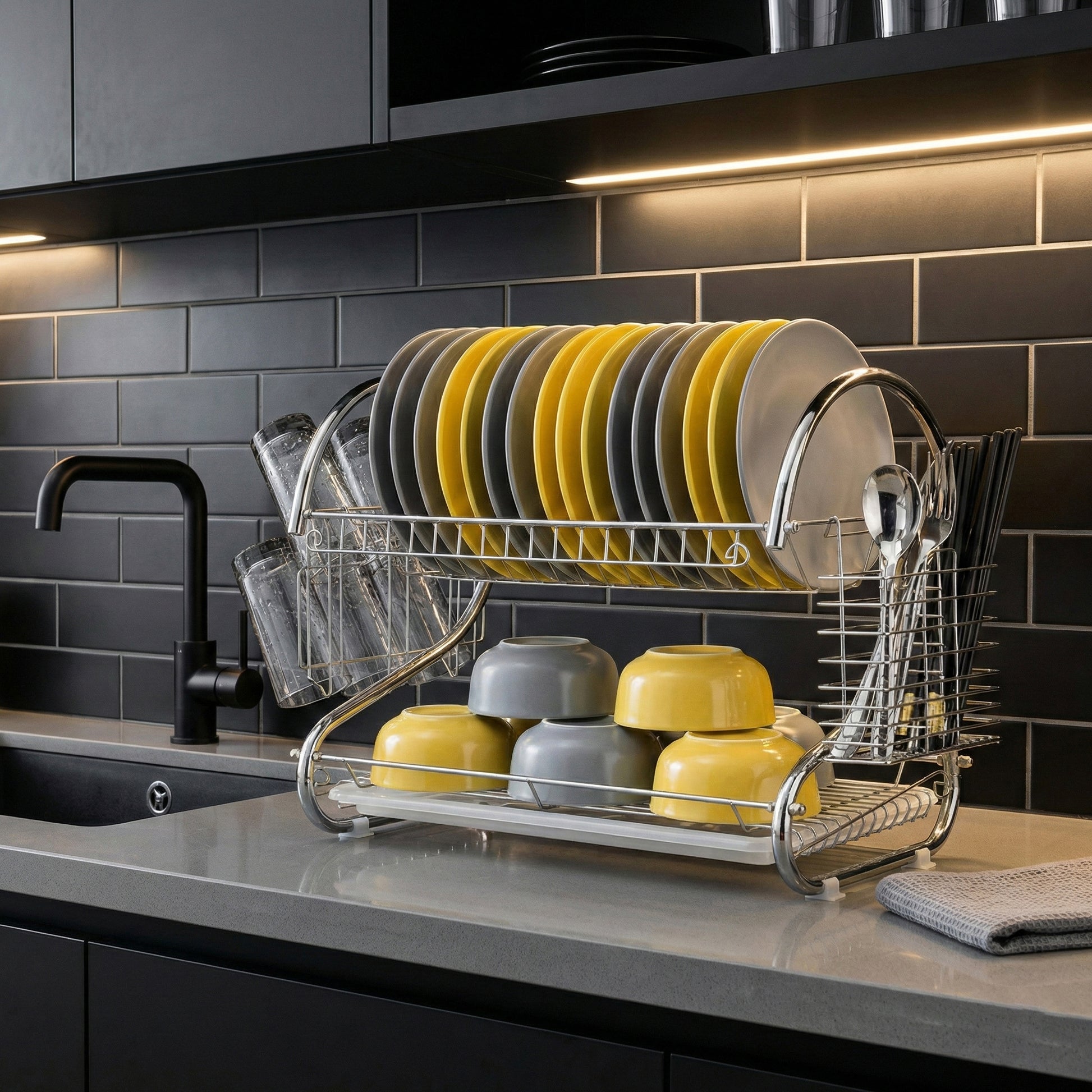 Binca Stainless Steel 2-Tier Metal Dish Drying Rack With Cutlery Holder & Drip Tray (L56 × W6 × H40)cm