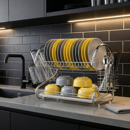 Binca Stainless Steel 2-Tier Metal Dish Drying Rack With Cutlery Holder & Drip Tray (L56 × W6 × H40)cm