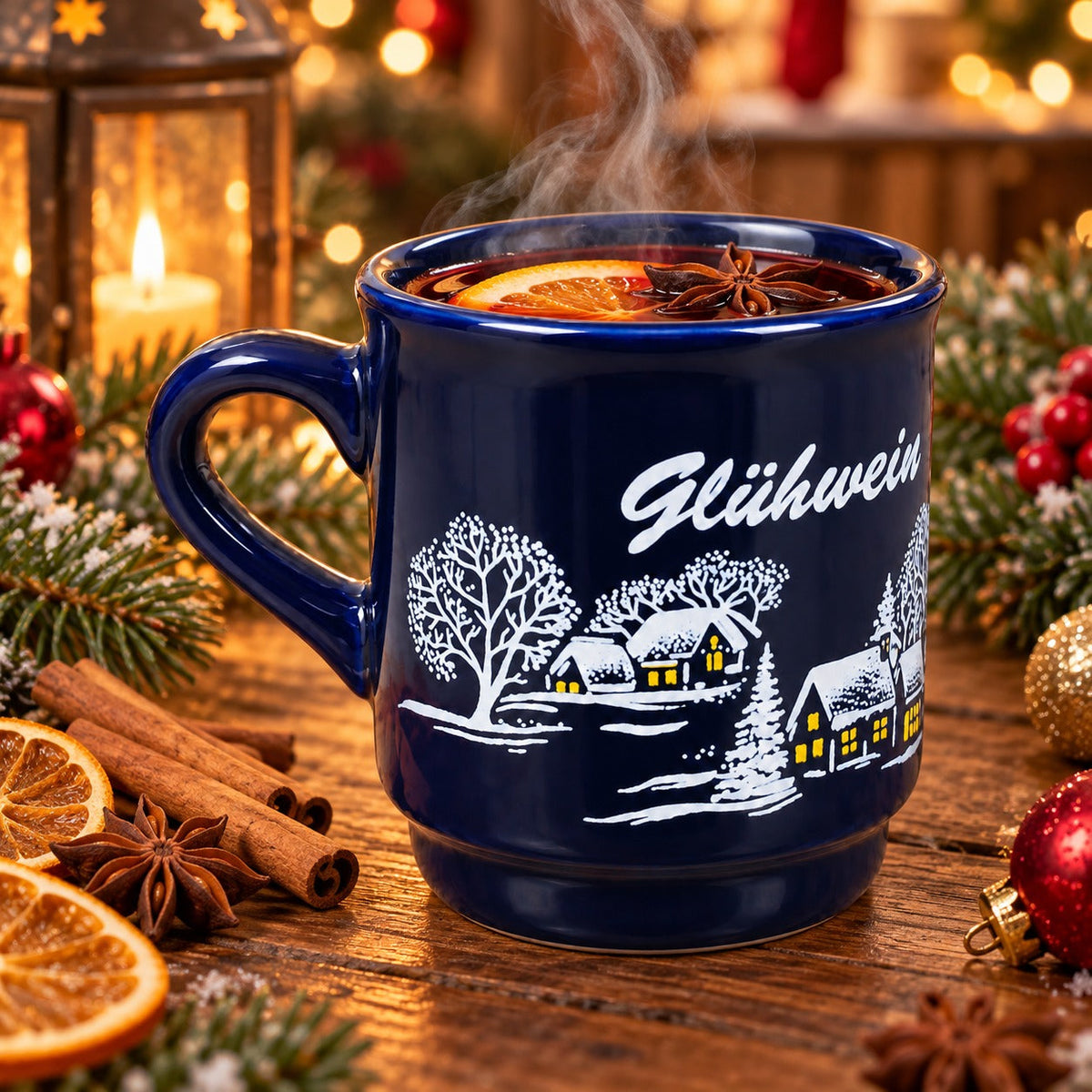 Navy Blue Glühwein Christmas Mug – Winter Village Design – 0.2 L