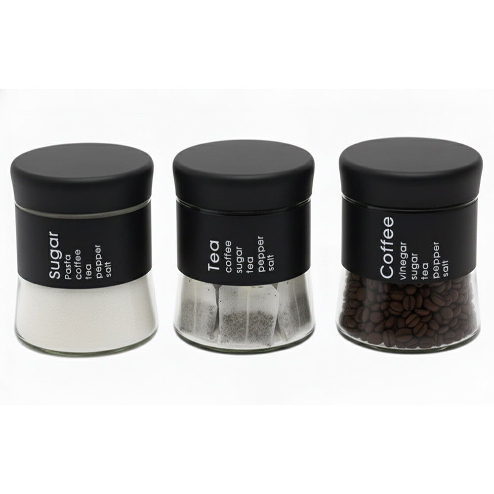 3-Pcs Stainless Steel With Glass Sugar Tea Coffee Canister Set Matte Black-400ml