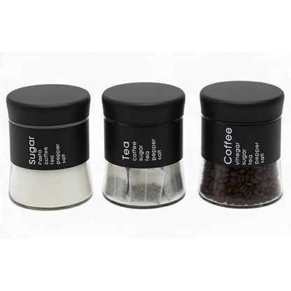3-Pcs Stainless Steel With Glass Sugar Tea Coffee Canister Set Matte Black-400ml