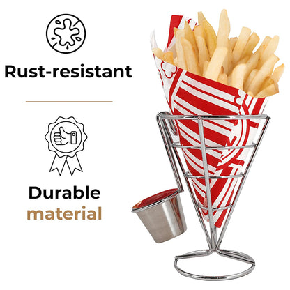 Stainless Steel French Fries Stand Cone Basket with Dip Dishes