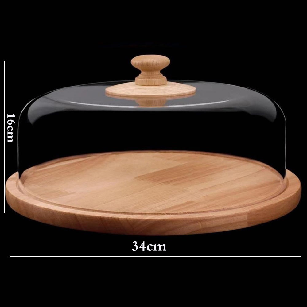 Premium 34-cm Round Wooden Base Cake Stand with Dome Clear Acrylic Cover