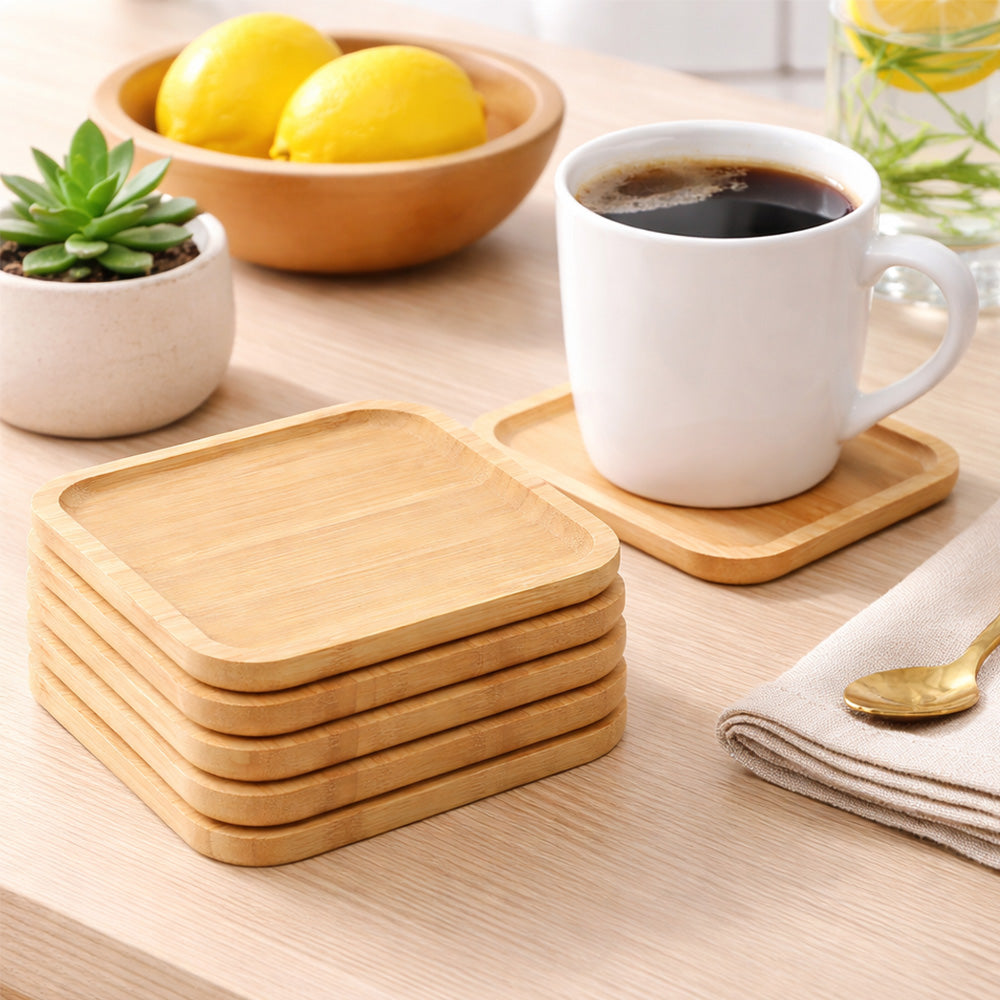 Bamboo Wood Saucer – 6 Pack (10 × 10 cm Square)