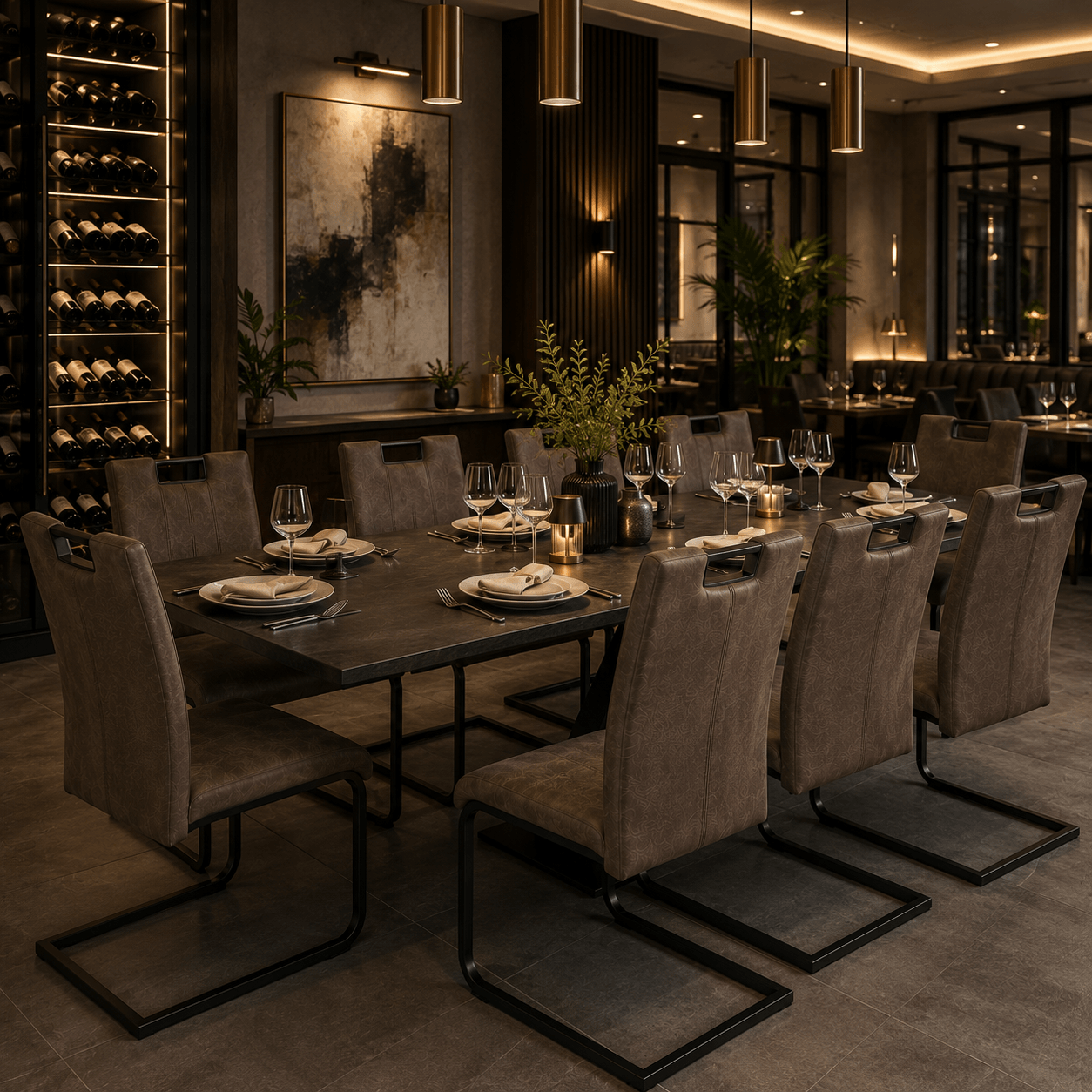 Modern Taupe Cantilever Dining Chair with Handle | Upholstered Dining Chair with Black Metal Frame