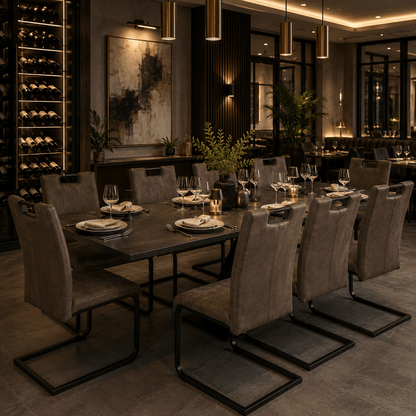 Modern Taupe Cantilever Dining Chair with Handle | Upholstered Dining Chair with Black Metal Frame