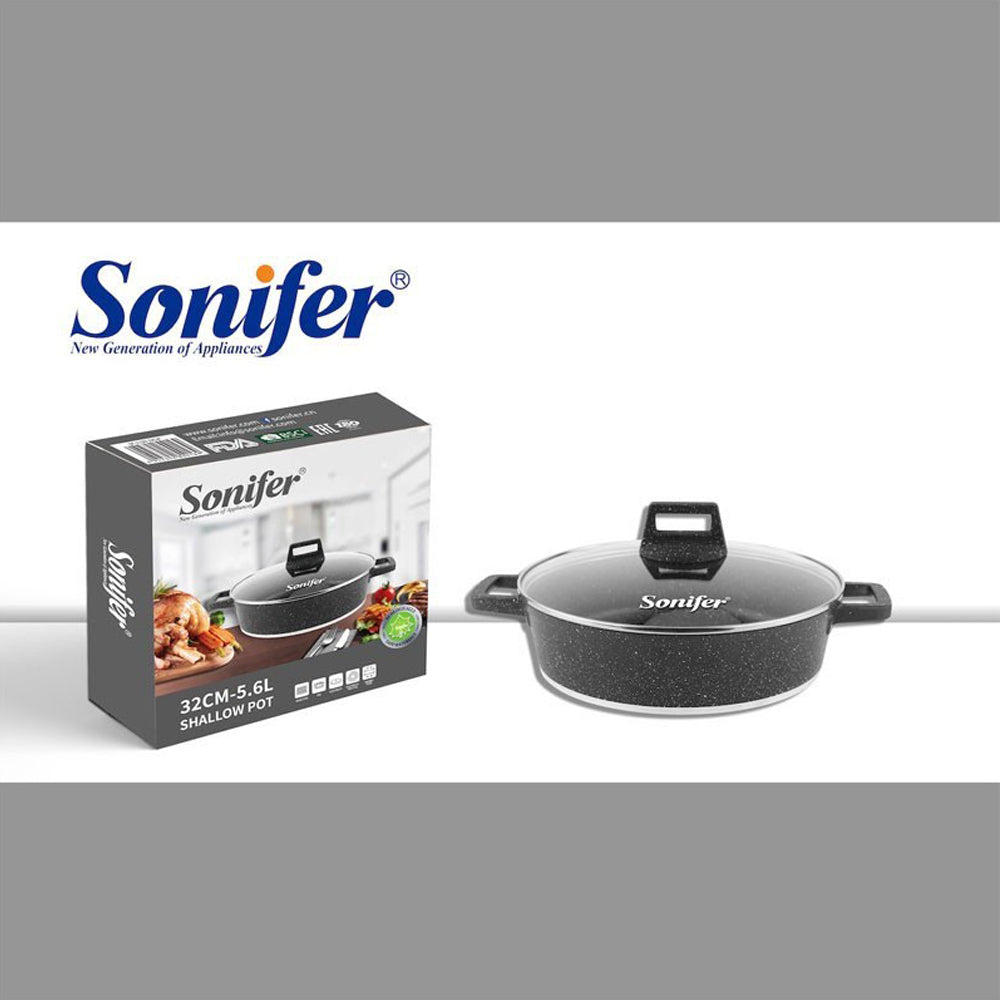 32cm 5.6L Wear-Resistant Non-Stick Granite Shallow Pot With Glass Lid