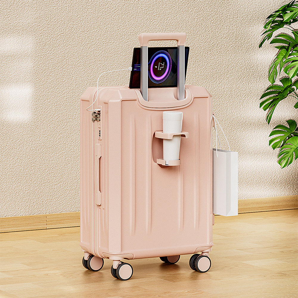 Carry-On Suitcase with USB Charging & Cup Holder (Pink)