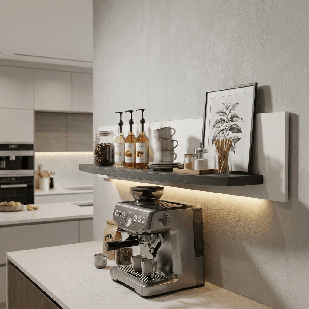 Curved Floating Wall Shelf with White Back Panel and Gray Display Ledge