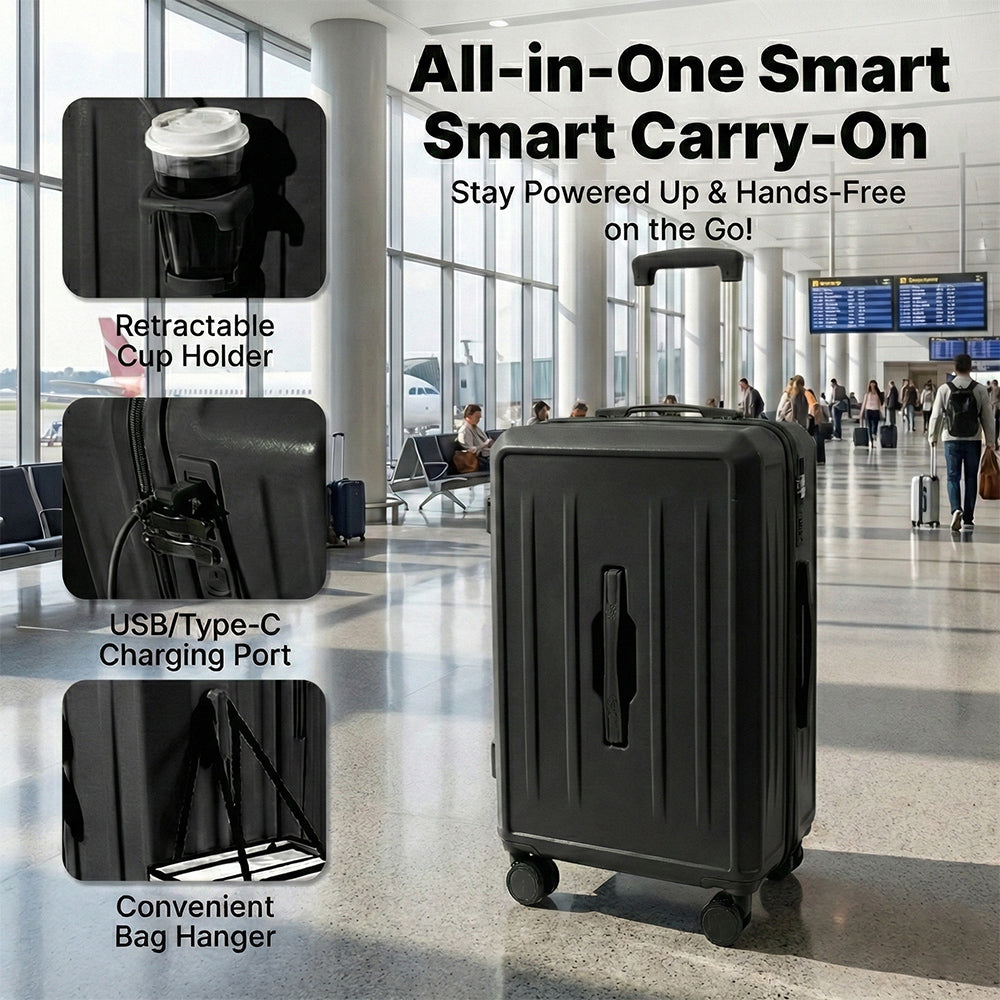 Carry-On Suitcase with USB Charging & Cup Holder (Black)