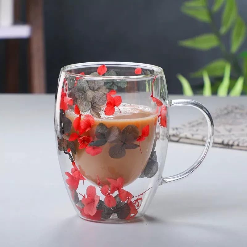Dried Flowers Double Wall Clear Glass Coffee Mugs – 350ml