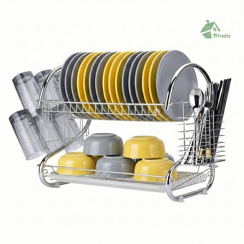 Binca Stainless Steel 2-Tier Metal Dish Drying Rack With Cutlery Holder & Drip Tray (L56 × W6 × H40)cm