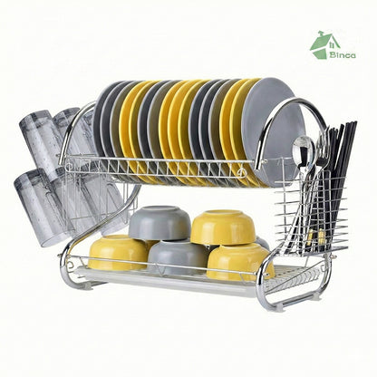 Binca Stainless Steel 2-Tier Metal Dish Drying Rack With Cutlery Holder & Drip Tray (L56 × W6 × H40)cm