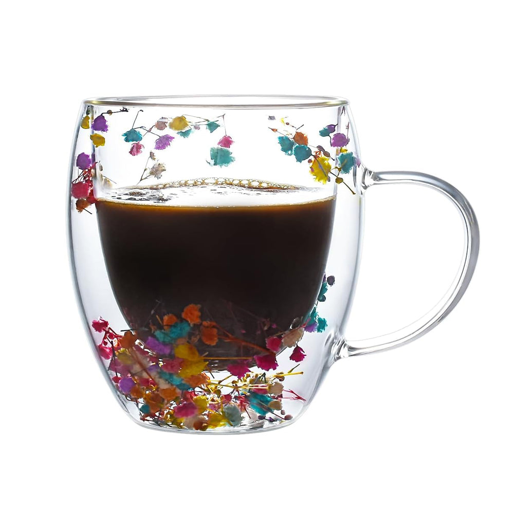 Dried Flowers Double Wall Clear Glass Coffee Mugs – 250ml