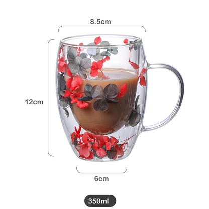 Dried Flowers Double Wall Clear Glass Coffee Mugs – 350ml