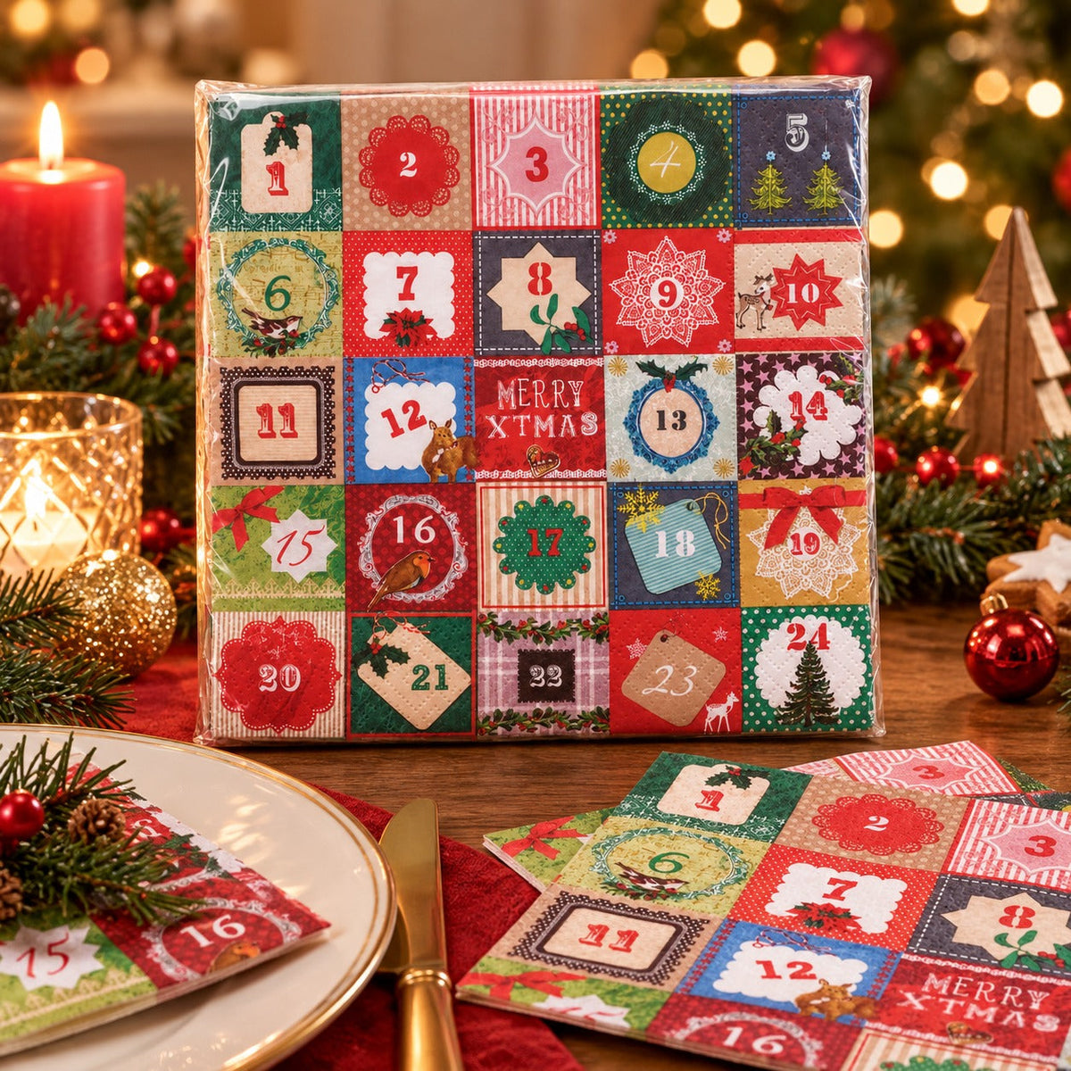 Cucina & Tavola Advent Calendar Christmas Napkins – 20 Pack, 33 × 33 cm