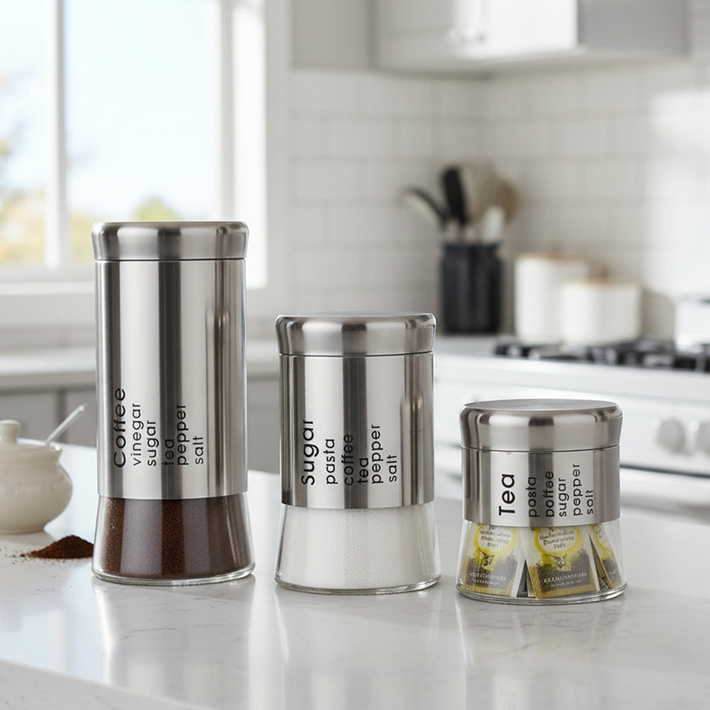 3-Pcs Stainless Steel With Glass Sugar Tea Coffee Canister Set Silver-390/590/840ml