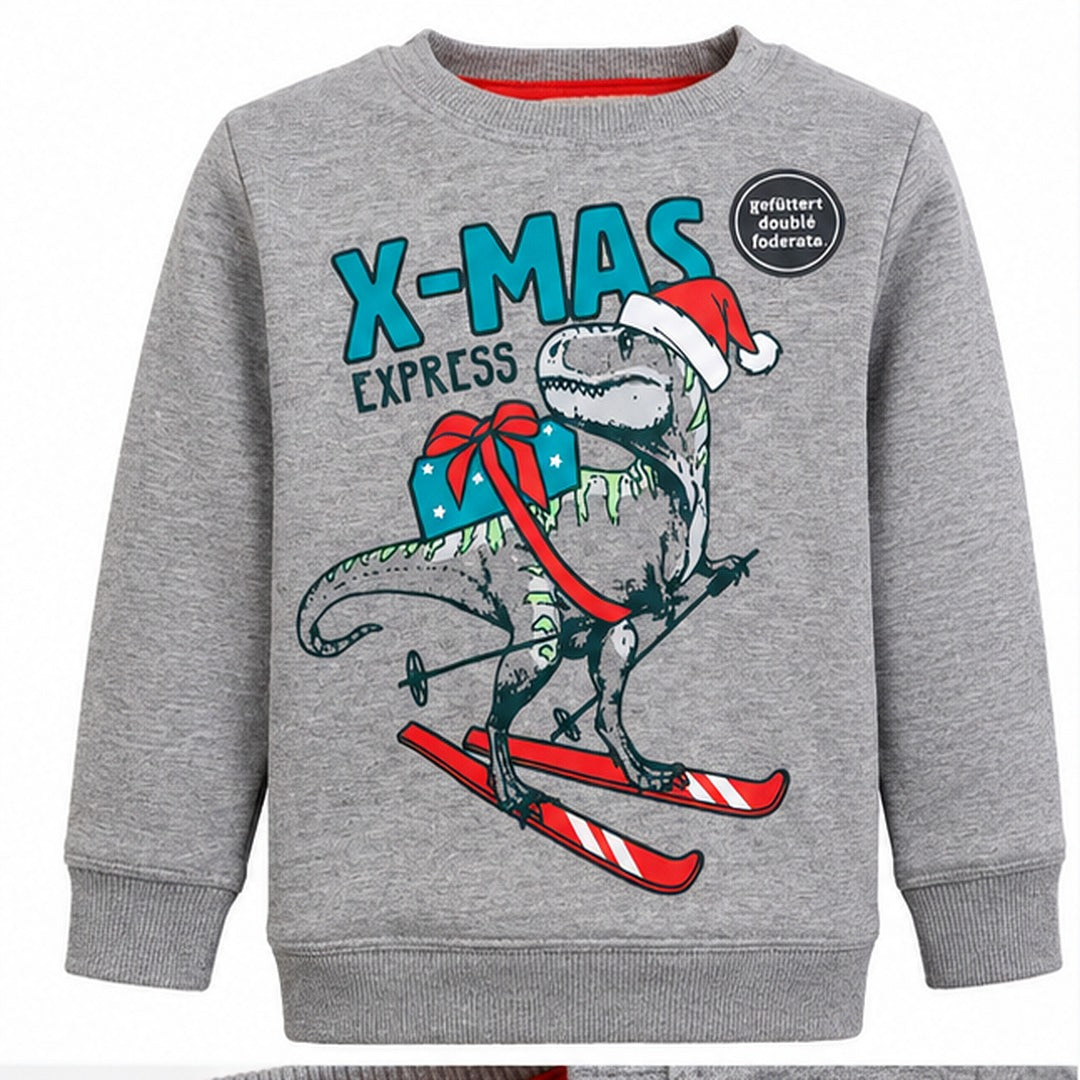 KIDS Christmas Express Fleece-Lined Dinosaur Christmas Sweatshirt – Grey