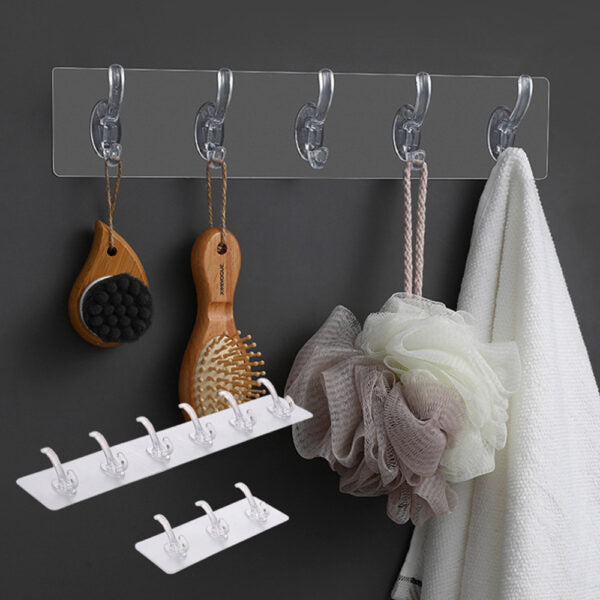 Transparent Strong Adhesive Door Wall Hanger Hooks, 6 Row