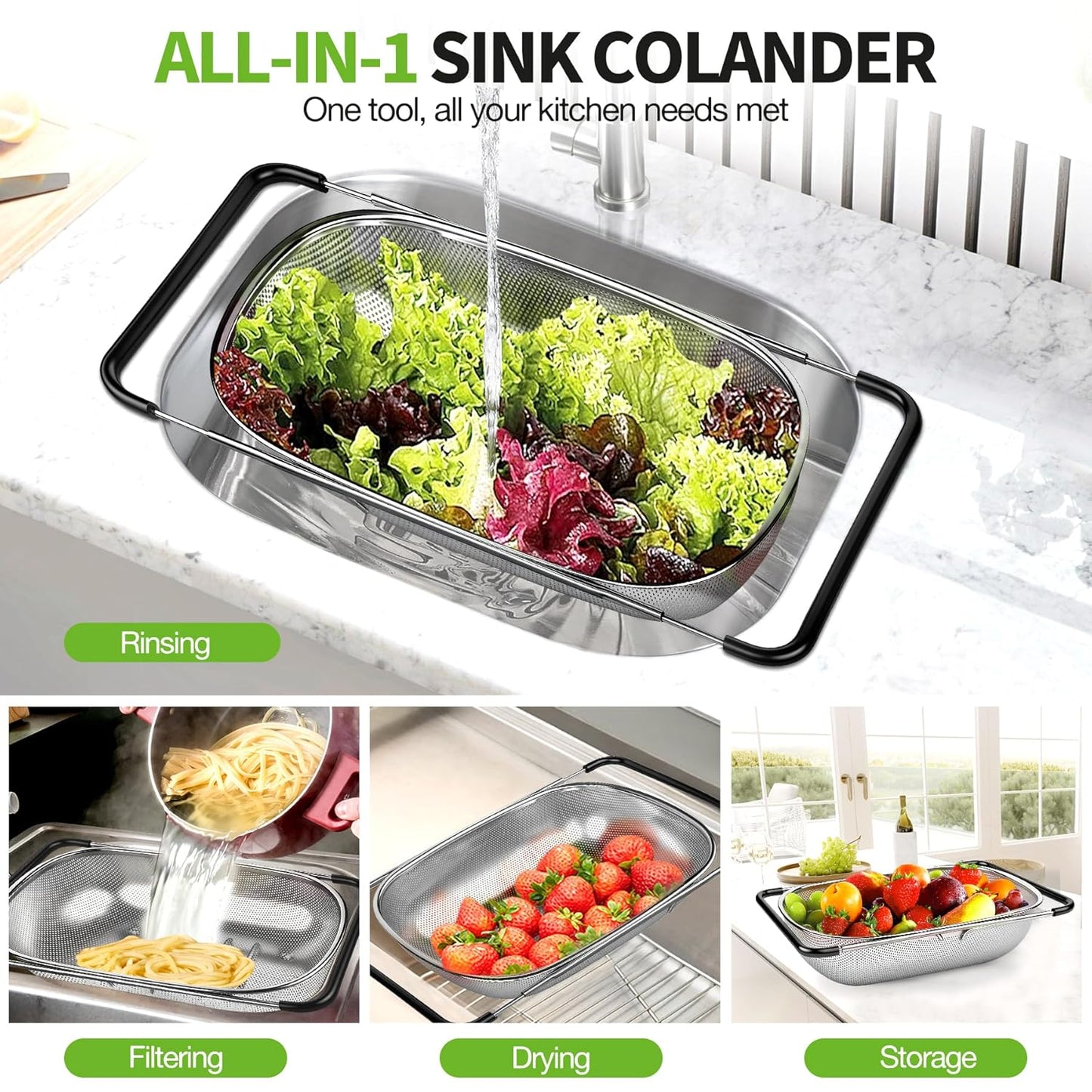 Over the Sink Stainless Steel Colander with Expandable Anti-slip Rubber Grip Handles
